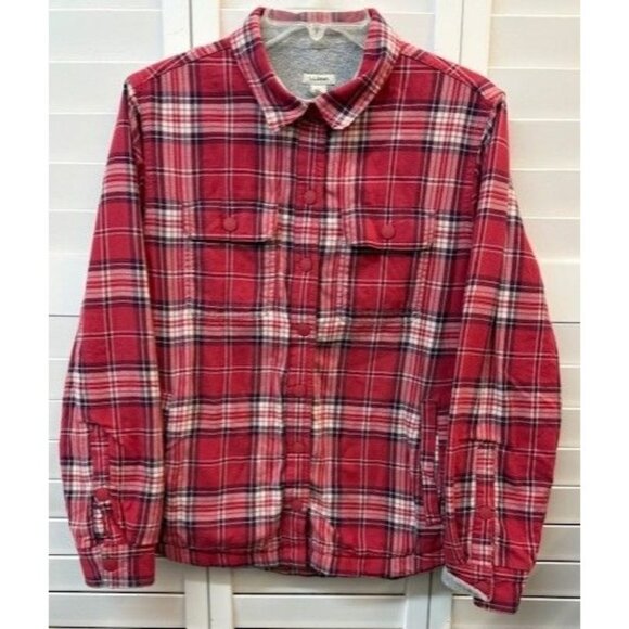 L.L. Bean Womens Small Plaid Flannel Jacket With Fleece Lining Red/White - Picture 1 of 4